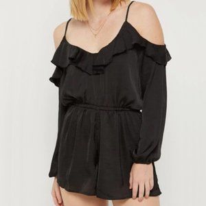 Rue21 Satin Flounce Off the Shoulder Romper Black